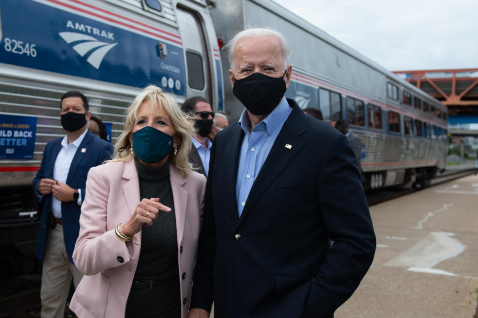 Democratic presidential nominee and former Vice President Joe Biden and his wife Jill speak to the press before boarding their train in the Cleveland Train Station on September 30, 2020 in Cleveland, Ohio. (Roberto Schmidt/AFP via Getty Images)