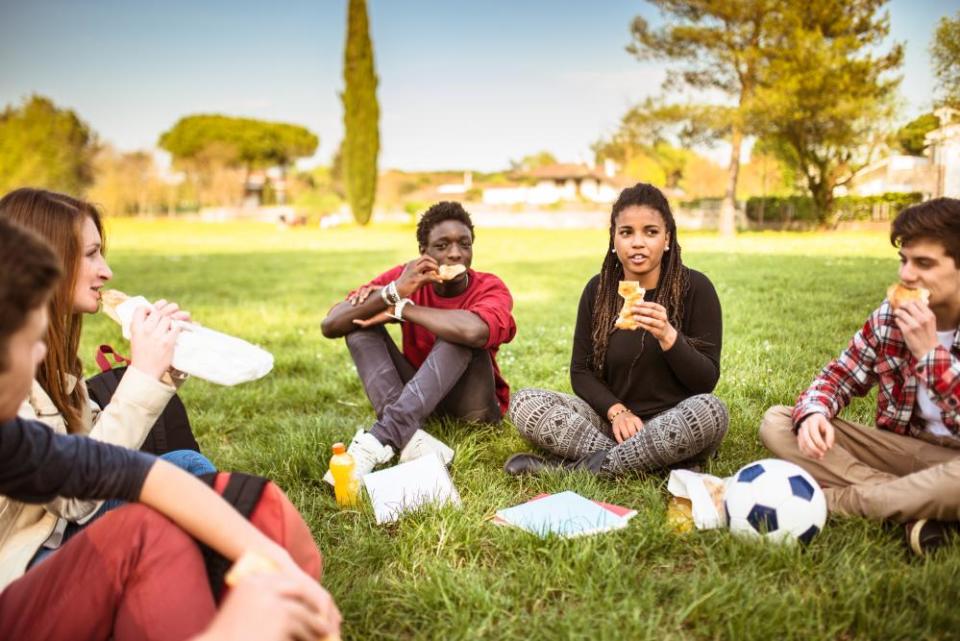 Friends with awkward facial expressions eating together in a park