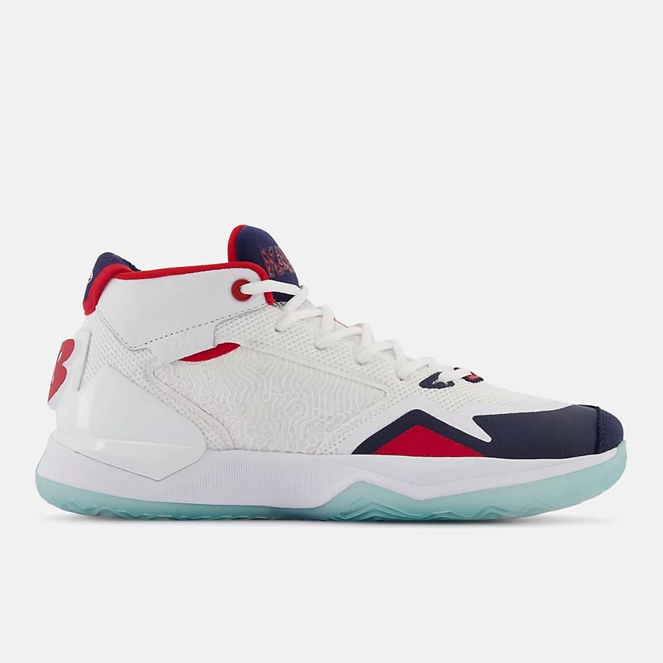 Red, white, and blue basketball shoes