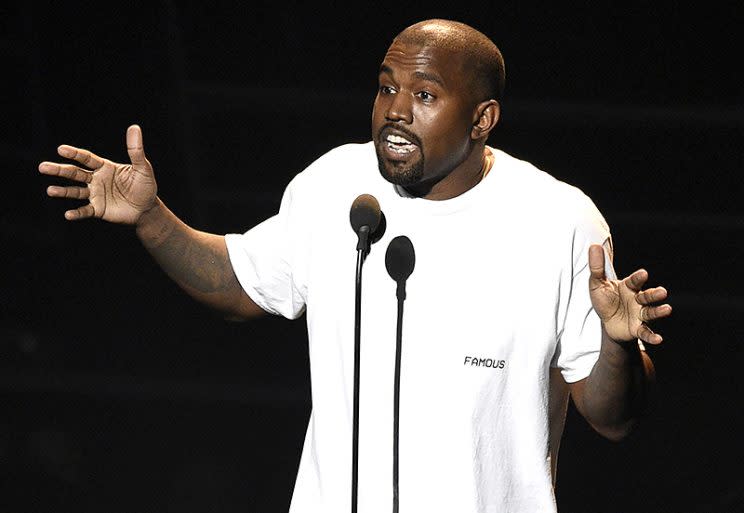 FILE - In this Aug. 28, 2016, file photo. Kanye West appears at the MTV Video Music Awards at Madison Square Garden in New York. At a Sacramento concert Saturday, Nov. 19, West told the audience he heard Beyoncé refused to perform at the MTV Video Music Awards unless she won Video of the Year over him, and also urged Jay Z to call him and not to send killers. (Photo by Chris Pizzello/Invision/AP, File)