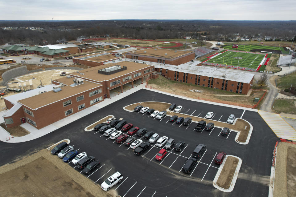 St. Clair High School is shown in this drone photo, Friday, Dec. 8, 2023, in St. Clair, Mo. Two teachers at the rural Missouri high school have resigned after it was discovered they were posting racy content on the subscription platform OnlyFans. (AP Photo/Jeff Roberson)