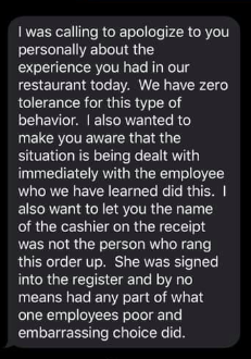 The regional manager of firehouse subs, apologised to Zhao Zhe, over text (pictured), about the ordeal.