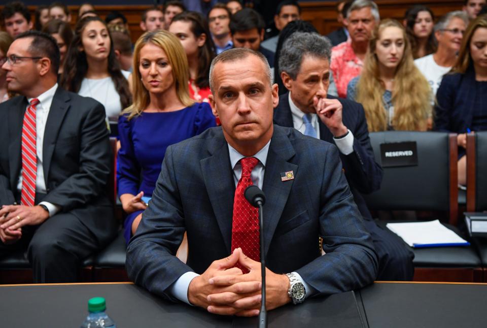 9/17/19 1:07:14 PM -- Washington, DC, U.S.A  -- Corey Lewandowski, former campaign manager for President Trump, appears before the House Judiciary committee during a hearing on Presidential Obstruction of Justice and Abuse of Power on Sept. 17, 2019 in Washington alongside empty chairs of Rick Dearborn, former White House Deputy Chief of Staff, and Robert Porter, former Assistant to the President, both refused to appear before the committee under subpoena. --    Photo by Jack Gruber, USA TODAY Staff ORG XMIT:  JG 138260 Lewandowski 9/17/2019 (Via OlyDrop)