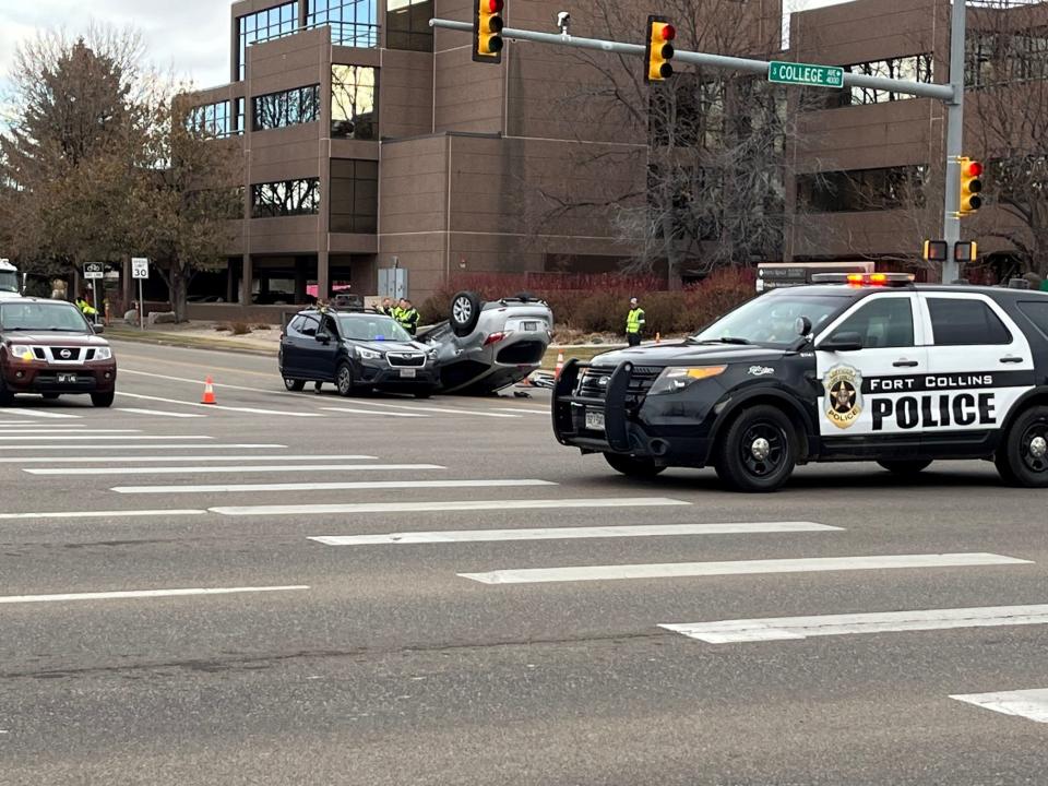 This crash blocked the intersection of South College Avenue and Boardwalk Drive in south Fort Collins, Colo., on Monday, Dec. 18, 2023.