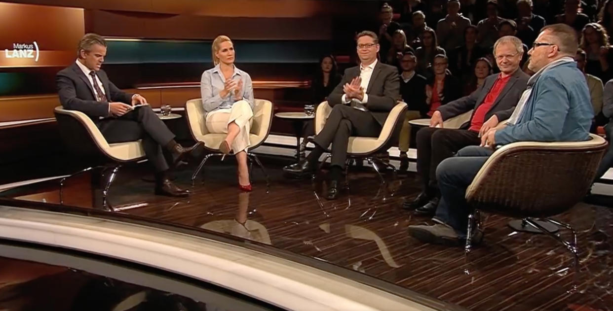 Zu Gast bei Markus Lanz am Donnerstag: Judith Rakers , Thorsten Schäfer-Gümbel, Christoph Butterwegge und Carl Campeau (v.l.). (Bild: Screenshot ZDF)