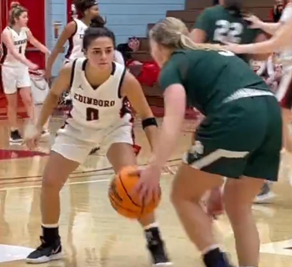 Edinboro's Rana Elhusseni, left, guards Mercyhurst's Emily Shopene in the closing seconds of regulation during the Fighting Scots' 91-88 overtime win Wednesday, Jan. 19, 2021, at McComb Fieldhouse. 