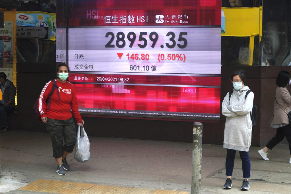 People wearing face masks stand in front of a bank's electronic board showing the Hong Kong share index in Hong Kong, Tuesday, April 20, 2021. Asian stock markets were mixed Tuesday after Wall Street was pulled lower by tech stock declines. (AP Photo/Kin Cheung)