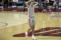 UNLV's Moses Wood (1) reacts during the second half of an NCAA college basketball game against San Diego State Wednesday, March 3, 2021, in Las Vegas. (AP Photo/Joe Buglewicz)