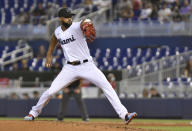Miami Marlins pitcher Sandy Alcantara delivers against the Pittsburgh Pirates during the second inning of a baseball game, Sunday, September 19, 2021, in Miami. (AP Photo/Jim Rassol)