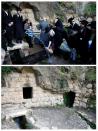 A combination picture shows Ultra-Orthodox Jews taking part in the "Mayim Shelanu" ceremony on April 18, 2019 and at the same spot on April 8, 2020, as Israel takes stringent steps to contain the coronavirus