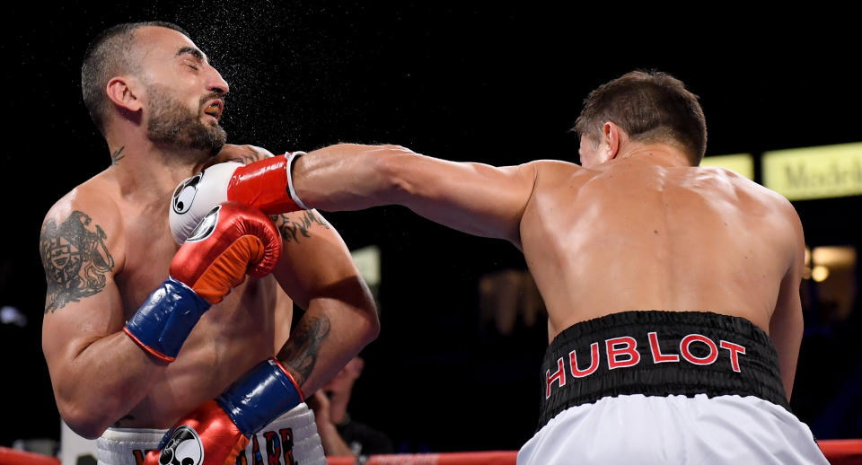 Vanes Martirosyan takes a punch from Gennady Golovkin losing in a second round knockout during the WBC-WBA Middleweight Championship at StubHub Center on May 5, 2018 in Carson, California. (Getty Images)