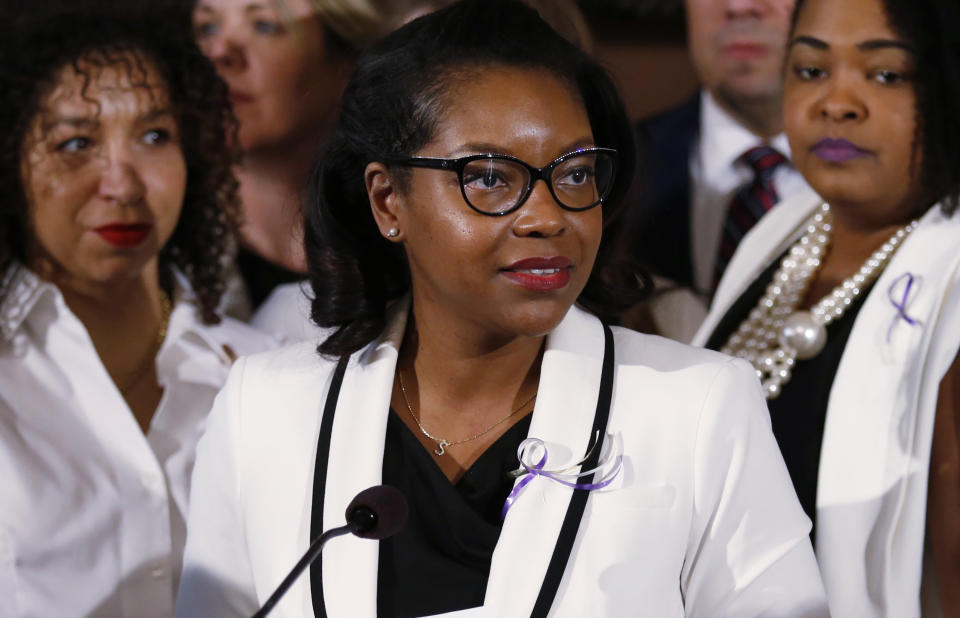 FILE - In this March 5, 2019 file photo Ohio House minority leader Emilia Sykes delivers the Democrat's response to the Ohio Governor Mike DeWine's Ohio State of the State address at the Ohio Statehouse in Columbus, Ohio. Only about a third of U.S. states have enacted laws addressing police use-of-force in the six years since a national protest movement emerged over the killings of black men by white police officers. Sykes criticized GOP lawmakers this week for failing to enact laws recommended by former Ohio Gov. John Kasich's task force that hold police accountable. (AP Photo/Paul Vernon)