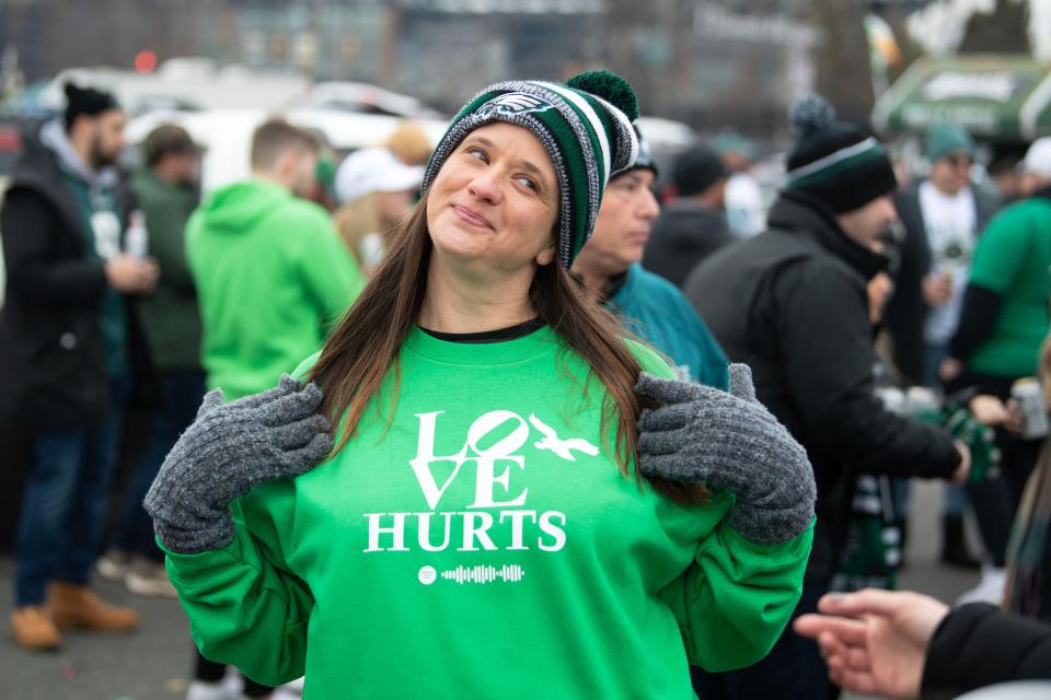 Bethany D'Amelio of South Jersey shows off her shirt at a parking lot near Lincoln Financial Field in Philadelphia before Eagles' NFL conference championship game against 49ers on Sunday, Jan. 29, 2023.