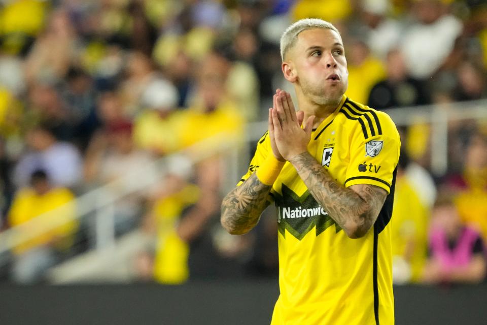 Sep 25, 2024; Columbus, Ohio, USA; Columbus Crew forward Christian Ramirez (17) reacts to a missed shot during the second half of the Campeones Cup Final against Club América at Lower.com Field. The Crew lost 5-4 in penalty kicks.