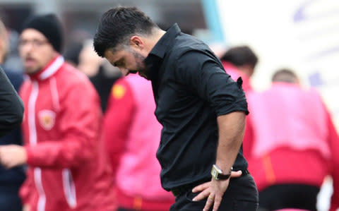 AC Milan's Italian coach Gennaro Gattuso reacts at the end of the Italian Serie A football match Benevento Calcio vs AC Milan - Credit: CARLO HERMANN/AFP/Getty Images