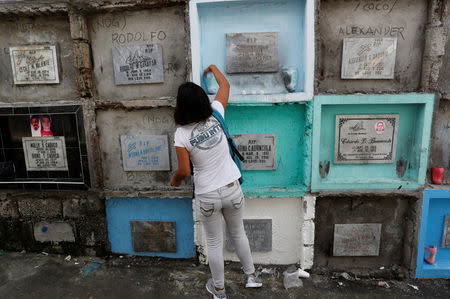 Kathrina Polo visits the tomb of her late husband Cherwen Polo, who was shot and killed by policemen inside their house, at a cemetery in Novaliches, Quezon City, Metro Manila, Philippines November 21, 2017. REUTERS/Erik De Castro