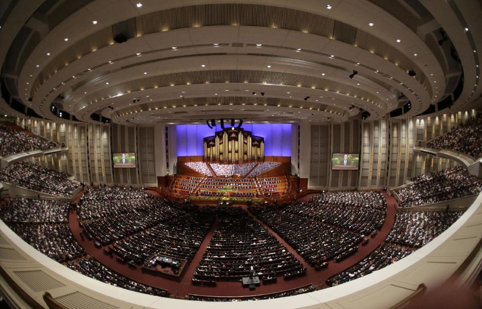 The afternoon session of the two-day Mormon church conference begins Saturday, April 5, 2014, in Salt Lake City. More than 100,000 Latter-day Saints are expected in Salt Lake City this weekend for the church's biannual general conference. Leaders of The Church of Jesus Christ of Latter-day Saints give carefully crafted speeches aimed at providing members with guidance and inspiration in five sessions that span Saturday and Sunday. They also make announcements about church statistics, new temples or initiatives. (AP Photo/Rick Bowmer)