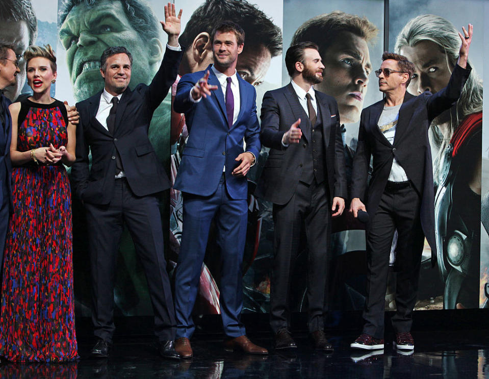 (L to R) Jeremy Renner, Scarlett Johansson, Mark Ruffalo, Chris Hemsworth, Chris Evans and Robert Downey Jr attend the European premiere of "The Avengers: Age Of Ultron"