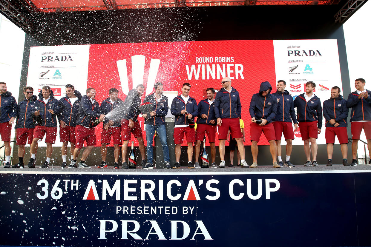 Britain's Team Ineos UK celebrate winning the round robin phase of the challenger regatta at the America's Cup to book their place in the Prada Cup final in Auckland.