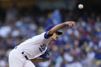Los Angeles Dodgers pitcher Joe Kelly pitches during the first inning against the Atlanta Braves in Game 5 of baseball's National League Championship Series Thursday, Oct. 21, 2021, in Los Angeles. (AP Photo/Jae C. Hong)