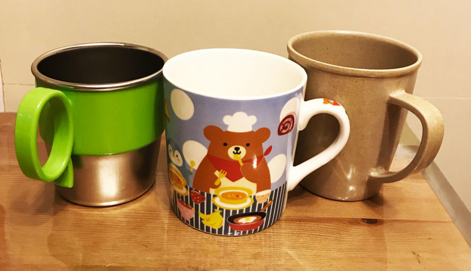 From left: Innobaby stainless steel cup; Daiso ceramic mug; rice husk mug. Photo: Mummy and Daddy Daycare