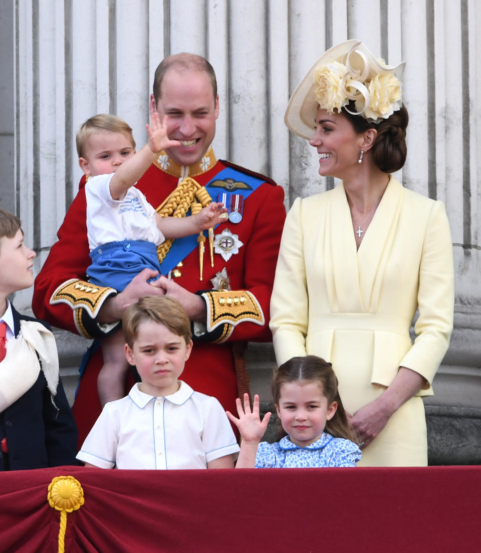 The Duke of Cambridge, Prince George, Prince Louis, Princess Charlotte and The Duchess of Cambridge attending Trooping The Colour, Buckingham Palace, London. Picture credit should read: Doug Peters/EMPICS