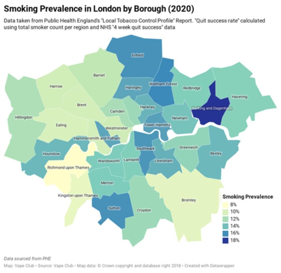 Map show smoking rates in London by borough - with Barking and Dagenham being the worst offender (Vape Club)