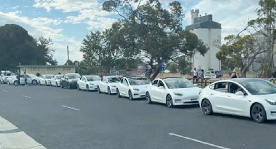 Una lunga fila di auto elettriche bianche in coda per utilizzare una stazione di ricarica a Keith, nel sud dell'Australia. 