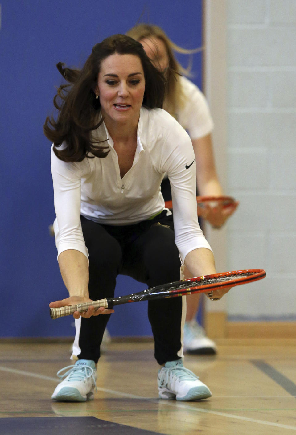 Britain's Catherine, Duchess of Cambridge takes part in a tennis workshop with Andy Murray's mother Judy at Craigmount High School in Edinburgh, Scotland, Britain, Feb.&nbsp;24, 2016.