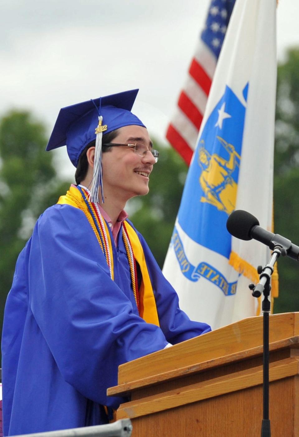 Valedictorian Evan Braho addresses his classmates during the Braintree High School graduation Saturday, June 4, 2022.