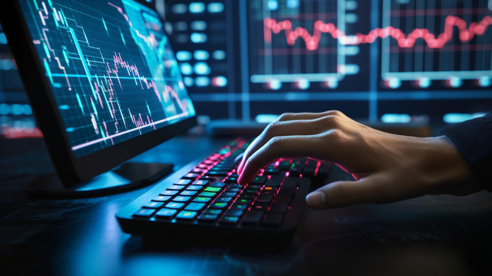 A close-up of a hand on a computer mouse hovering over a financial graph, suggesting a confident decision.