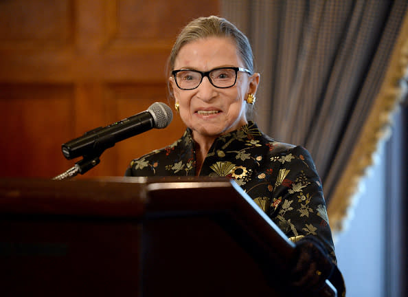 Supreme Court Justice Ruth Bader Ginsburg presents onstage at a reception before An Historic Evening with Supreme Court Justice Ruth Bader Ginsburg at the Temple Emanu-El Skirball Center on September 21, 2016 in New York City