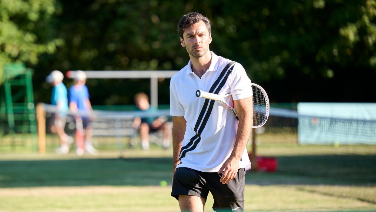 Aidan Turner playing tennis in Fifteen-Love