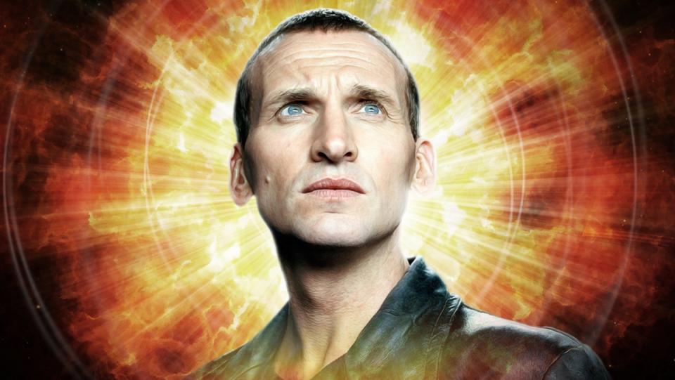 Christopher Eccleston as The Doctor in front of fire burst background