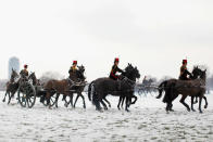 LONDON, ENGLAND - FEBRUARY 06: Members of the King's Troop Royal Horse Artillery depart after firing a 41 gun salute in Hyde Park to mark the 60 anniversary of the accession of Her Majesty Queen Elizabeth II on February 6, 2012 in London, England. The 41 gun salute also signifies the official start to the celebrations for the Queen's Diamond Jubilee and comes after the King's Troop left their barracks in St John's Wood for the final time. The King's Troop Royal Horse Artillery will relocate from their North London barracks, where they have been based since their formation by King George VI in 1947, to a purpose-built equestrian site in Woolwich. (Photo by Oli Scarff/Getty Images)