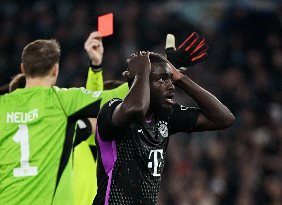 Dayot Upamecano was apoplectic after receiving a straight red card (REUTERS)
