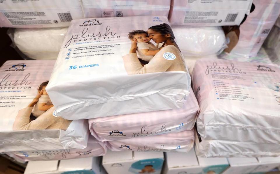 A stack of diapers waits to be distributed to families at Community Crossroads, First Presbyterian Church’s mission outreach center, on Monday, July 31, 2023. Senate Bill 379, which removes state sales taxes from diapers, will go into effect Sept. 1