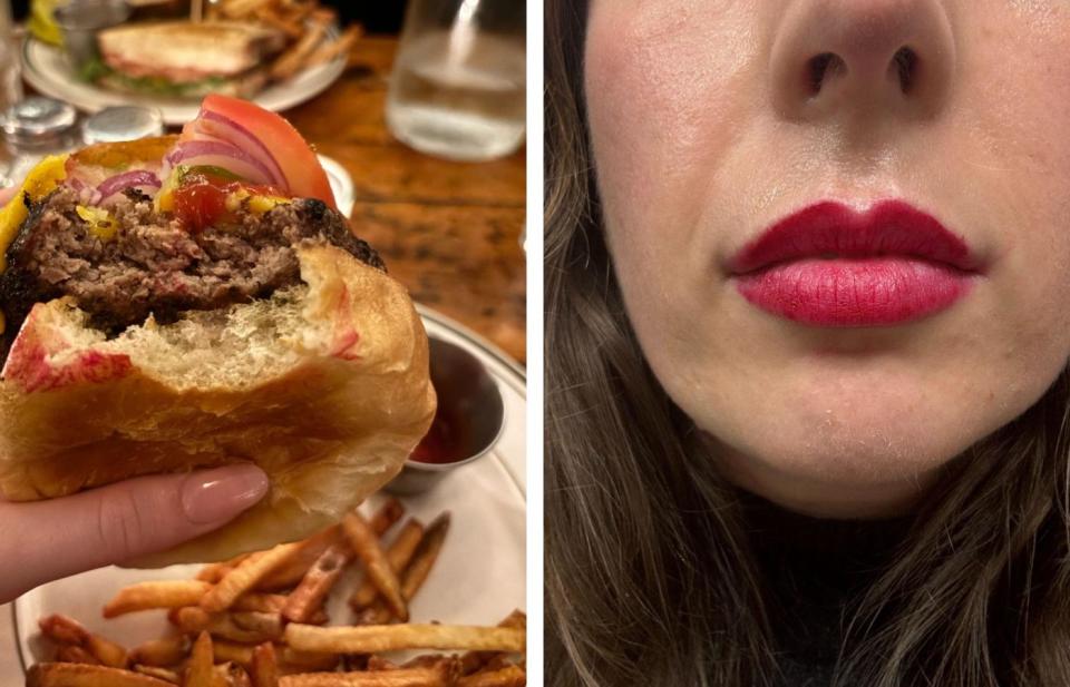cheesburger with lipstick marks and close up of pat mcgrath lipstick on lips