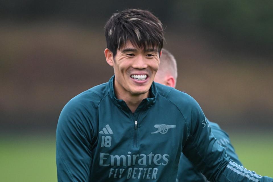 Takehiro Tomiyasu has signed a new contract at Arsenal (Arsenal FC via Getty Images)