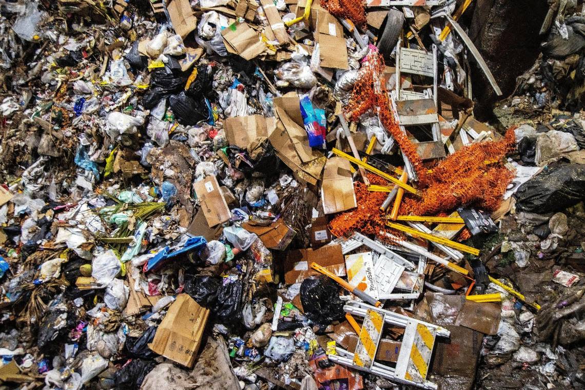 View of a pile of trash collected around South Florida, at the Miami-Dade Resources Recovery Facility- Covanta Energy incinerator plant in a 2022 file photo, months before a fire shut down the facility,