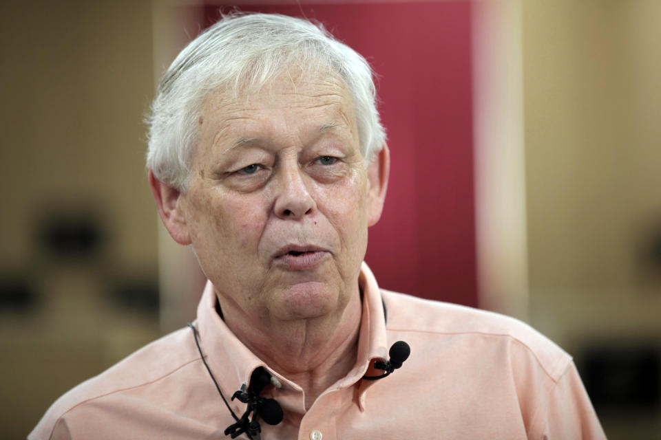 Eric Meyer, editor and publisher of the Marion County Record, answers questions from reporters about the aftermath of a local police raid on its offices and his home, Wednesday, Aug. 16, 2023, in Marion, Kan. The local prosecutor and Kansas Bureau of Investigation say computers and personal cell phones seized in the raids will be returned. (AP Photo/John Hanna)