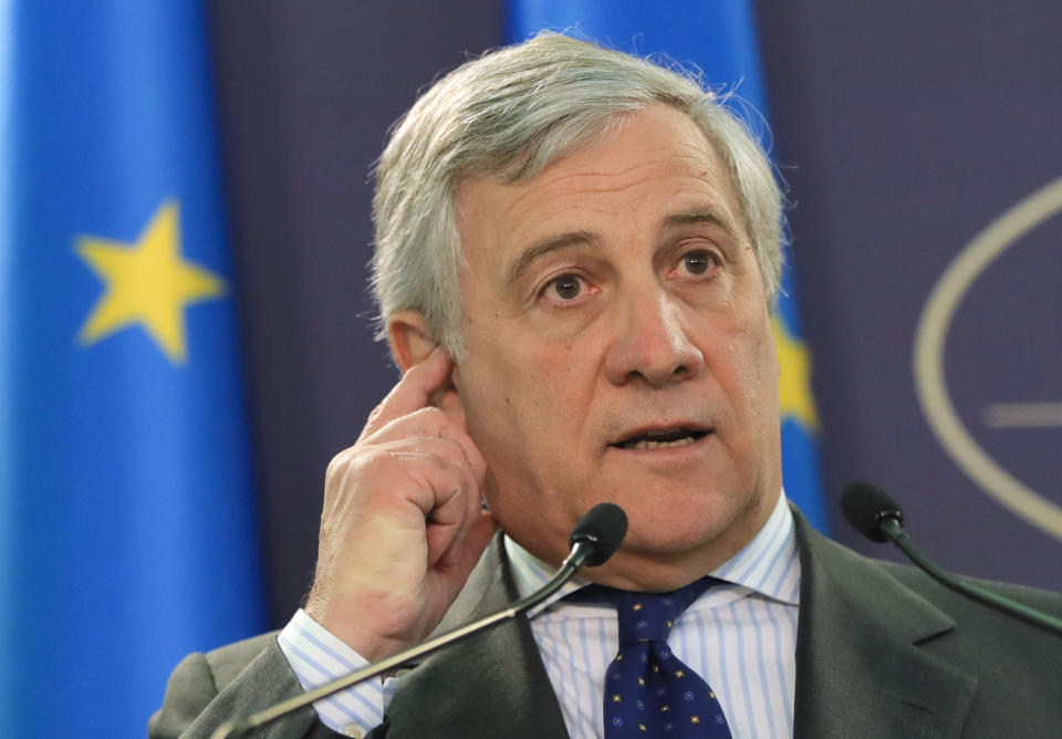 European Parliament President Antonio Tajani gestures during a joint press statement with Romanian Prime Minister Viorica Dancila at the Victoria Palace in Bucharest, Romania, Wednesday, Nov. 21, 2018. (AP Photo/Vadim Ghirda)