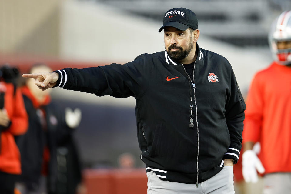 MADISON, WISCONSIN – OCTOBER 28: Ryan Day head coach of the <a class="link " href="https://sports.yahoo.com/ncaaf/teams/ohio-st/" data-i13n="sec:content-canvas;subsec:anchor_text;elm:context_link" data-ylk="slk:Ohio State Buckeyes;sec:content-canvas;subsec:anchor_text;elm:context_link;itc:0">Ohio State Buckeyes</a> prior to the game against the Wisconsin Badgers at Camp Randall Stadium on October 28, 2023 in Madison, Wisconsin. (Photo by John Fisher/Getty Images)