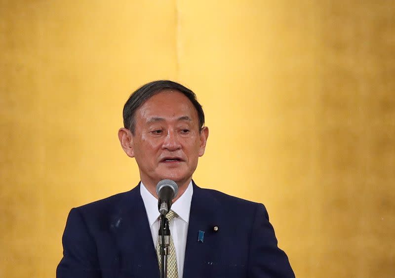 Japan's Chief Cabinet Secretary Yoshihide Suga speaks as he officially kicks off his campaign rally for ruling Liberal Democratic Party's (LDP) presidential election in Tokyo