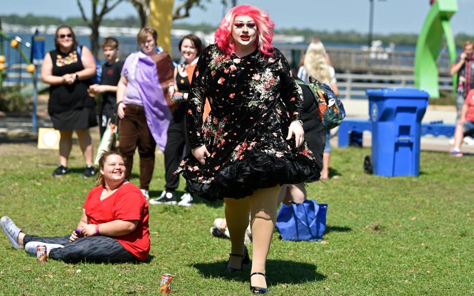 Central Florida Drag Queen, Mistah Aphrodite, performs during Manatee Pride, an LGBTQ+ family event benefiting ALSO Youth, a Florida non-profit supporting LGBTQ+ youth in the state, at Bradenton's Riverwalk Pavilion area.
