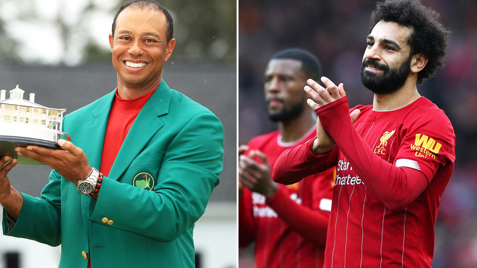 Tiger Woods and Mo Salah, pictured here at the Masters and Premier League.