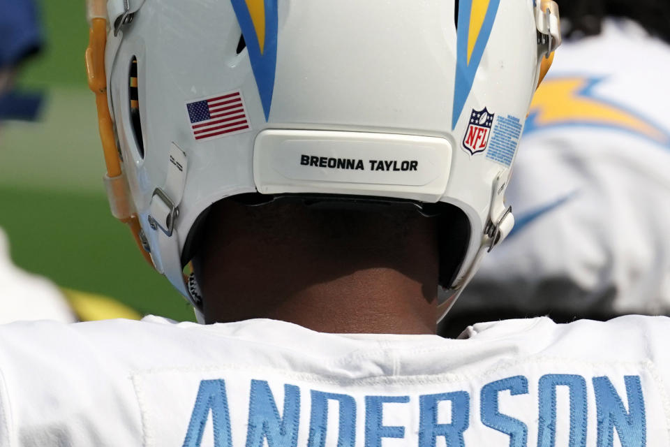 Sep 27, 2020; Inglewood, California, USA; Los Angeles Chargers tight end Stephen Anderson (82) wears the name Breonna Taylor on the back of his helmet against the Carolina Panthers at SoFi Stadium. The Panthers defeated the Chargers 21-16. Mandatory Credit: Kirby Lee-USA TODAY Sports