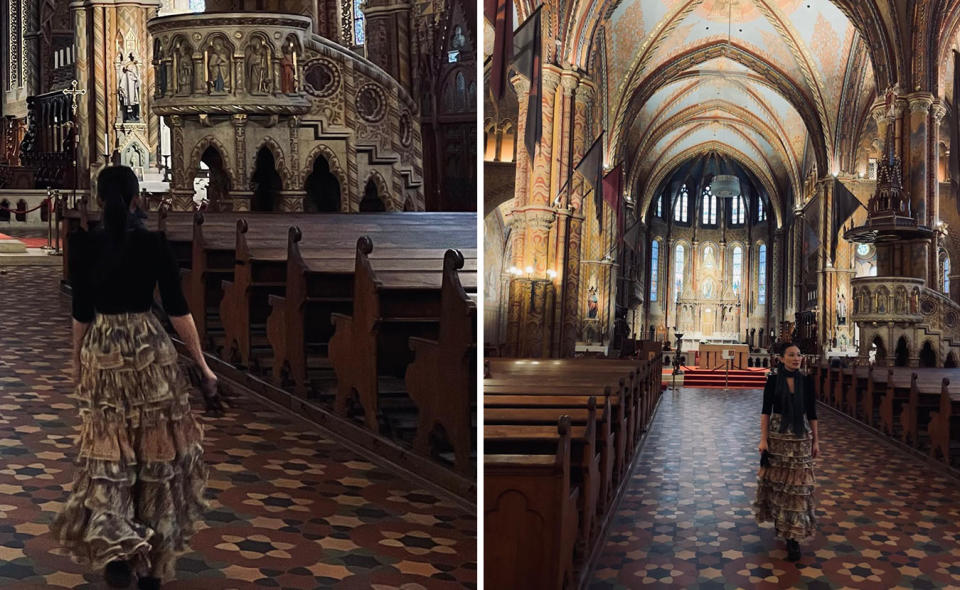 Two photos of Poh Ling Yeow inside a Hungarian church