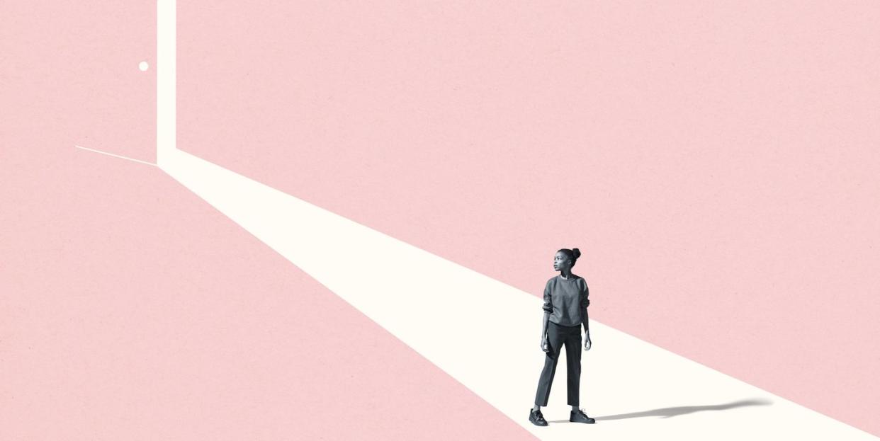 Illustration of a young woman looking back while standing on a ray of light coming from a partially open pink door. (Klaus Vedfelt)