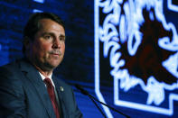 South Carolina head coach Will Muschamp speaks to reporters during the NCAA college football Southeastern Conference Media Days, Wednesday, July 17, 2019, in Hoover, Ala. (AP Photo/Butch Dill)